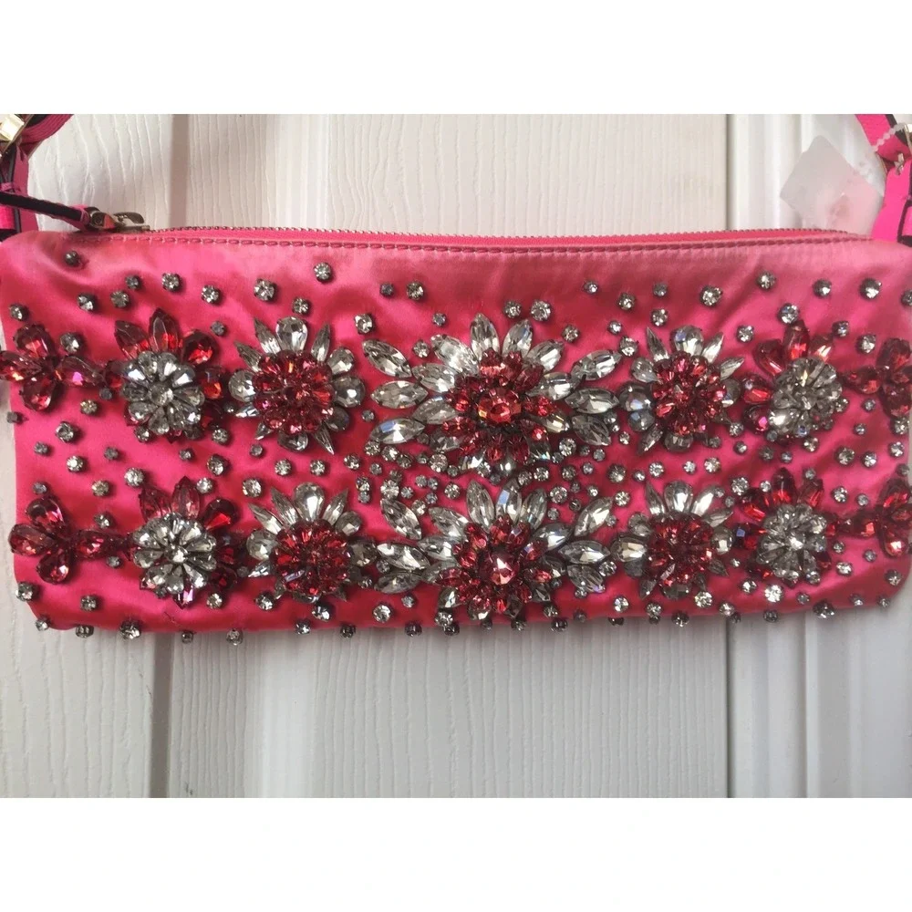 Valentino Garavani Pink Silk Satin Crystal Embellished Flower Pochette Bag